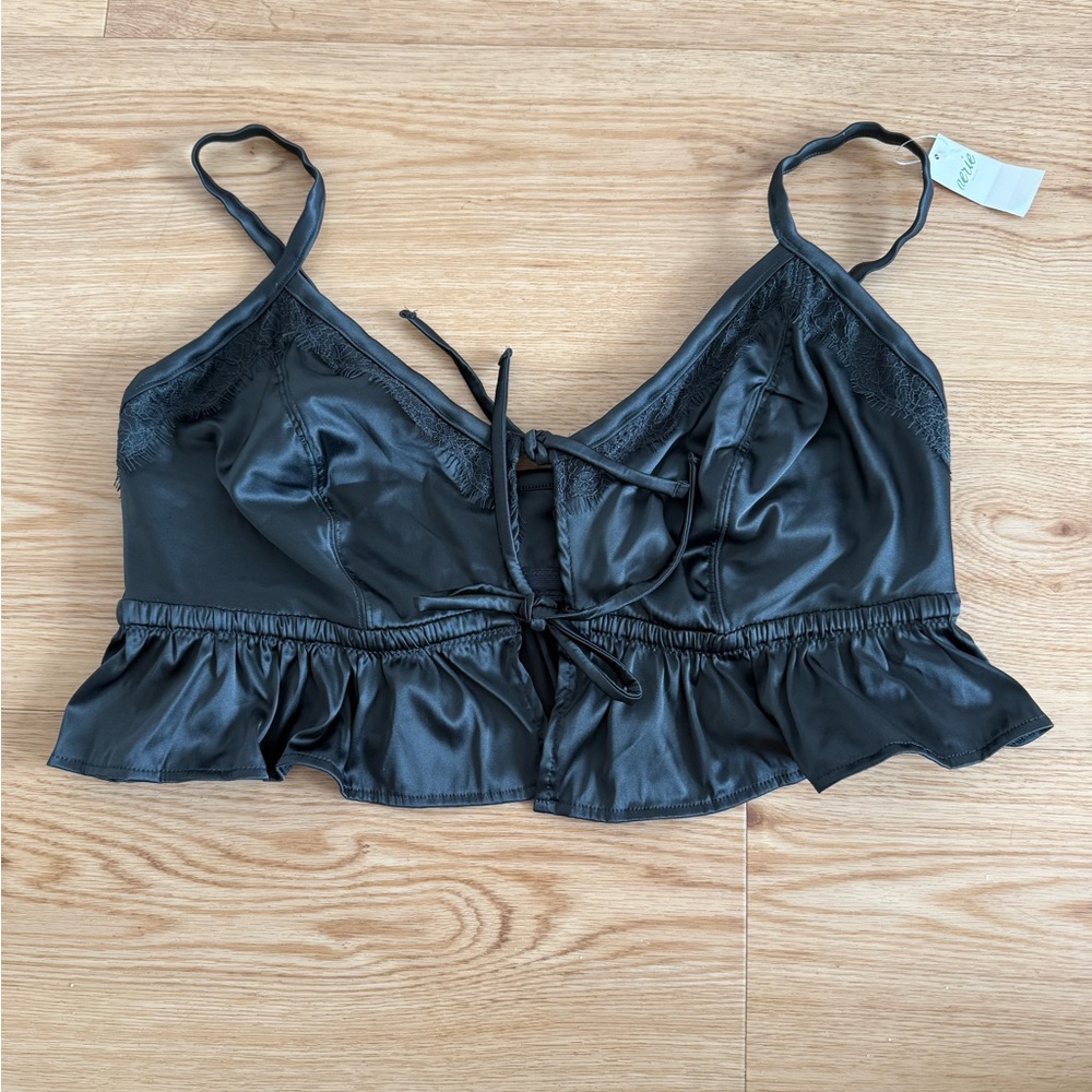 Aerie dark gray silky lace detail tie front bralette with ruffle trim NWT